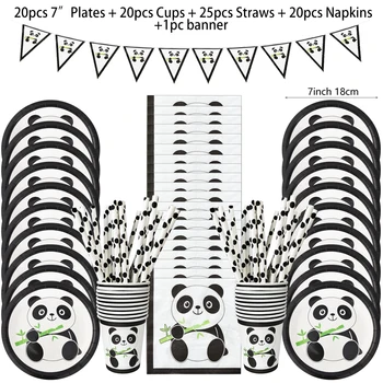Бамбуковый набор одноразовой посуды Panda Украшение Вечеринки по Случаю Дня Рождения Panda Бумажные Соломенные Тарелки, Чашки, Баннер, Принадлежности для детского душа