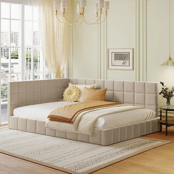 Бежевый каркас кушетки/ дивана-кровати с бархатной обивкой в натуральную величину, мягкий и удобный, легко монтируется для внутренней мебели для гостиной.