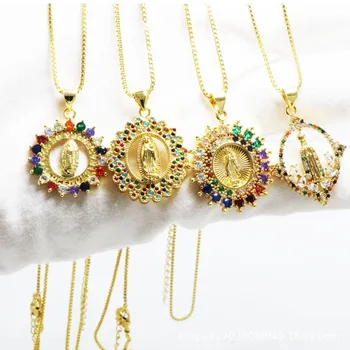 Европа и Америка, цветной циркон, золотая подвеска Девы Марии, популярное религиозное ожерелье в стиле хип-хоп