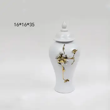 Керамическая ваза для цветов с традиционными орнаментами с крышкой, белая и золотистая Банка для имбиря, банка для хранения для гостиной, офиса для цветочной вечеринки