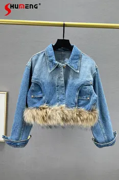 Меховая джинсовая куртка в стиле пэчворк Для женщин 2020, Новая осенне-зимняя свободная джинсовая куртка для похудения, пальто с длинным рукавом, Верхняя одежда, Топ Моды