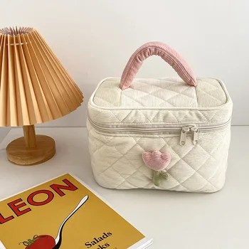 Модная женская сумка с цветами тюльпана, дорожная косметичка большой емкости, вельветовые сумки на молнии, портативный органайзер для макияжа
