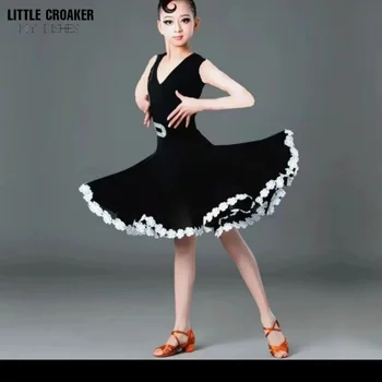 Новое детское платье для соревнований по латиноамериканским танцам, одежда для тренировок для девочек, латиноамериканское платье с короткими рукавами, черные платья для бальных танцев