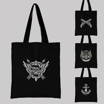 Серия сумок с рисунком черепа Street Goth, Холщовая сумка, складная Многоразовая сумка через плечо, Черная сумка для покупок из супермаркета